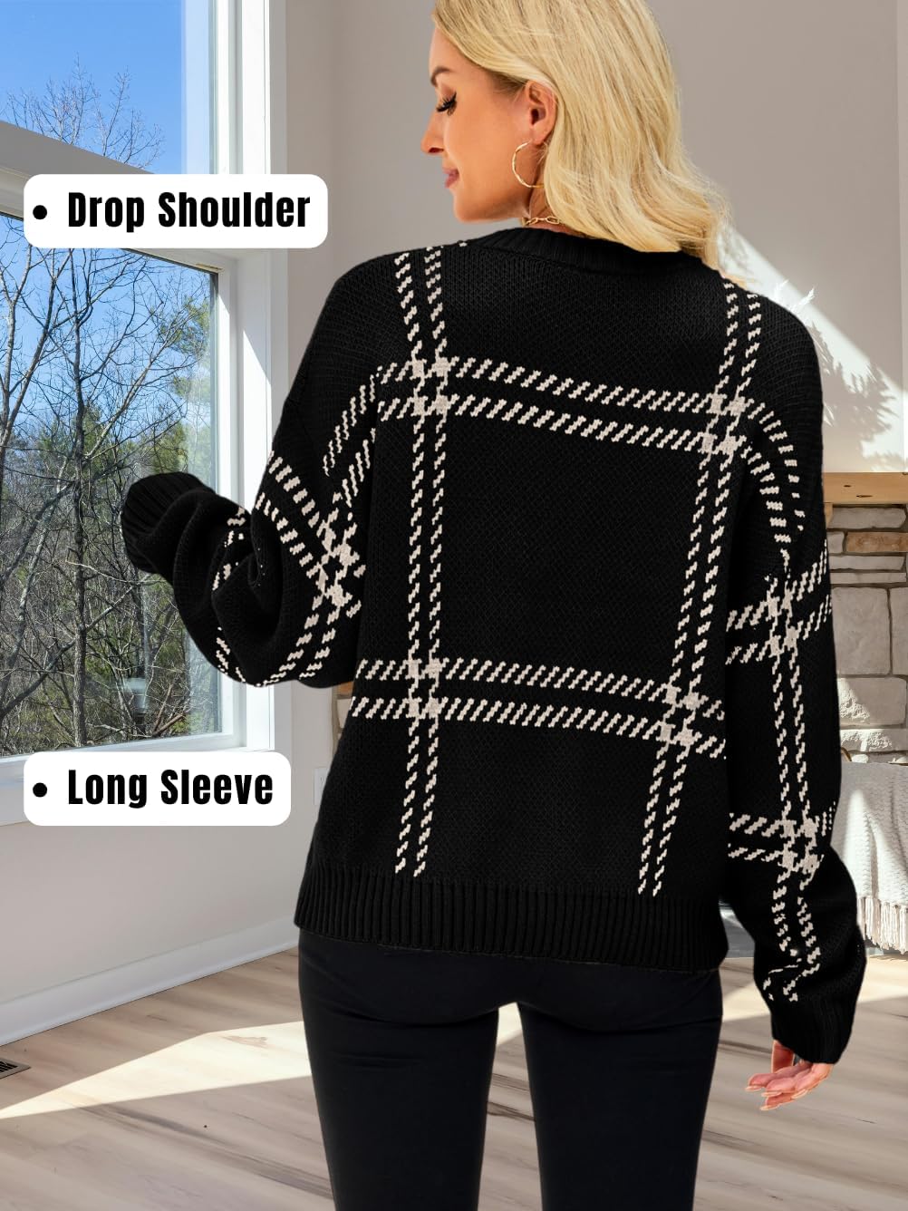 Checkered Pullover Sweaters, Crew Neck Long Sleeve, Fall Clothing, Lightweight Sweater for Women Striped Plaid - Image 5