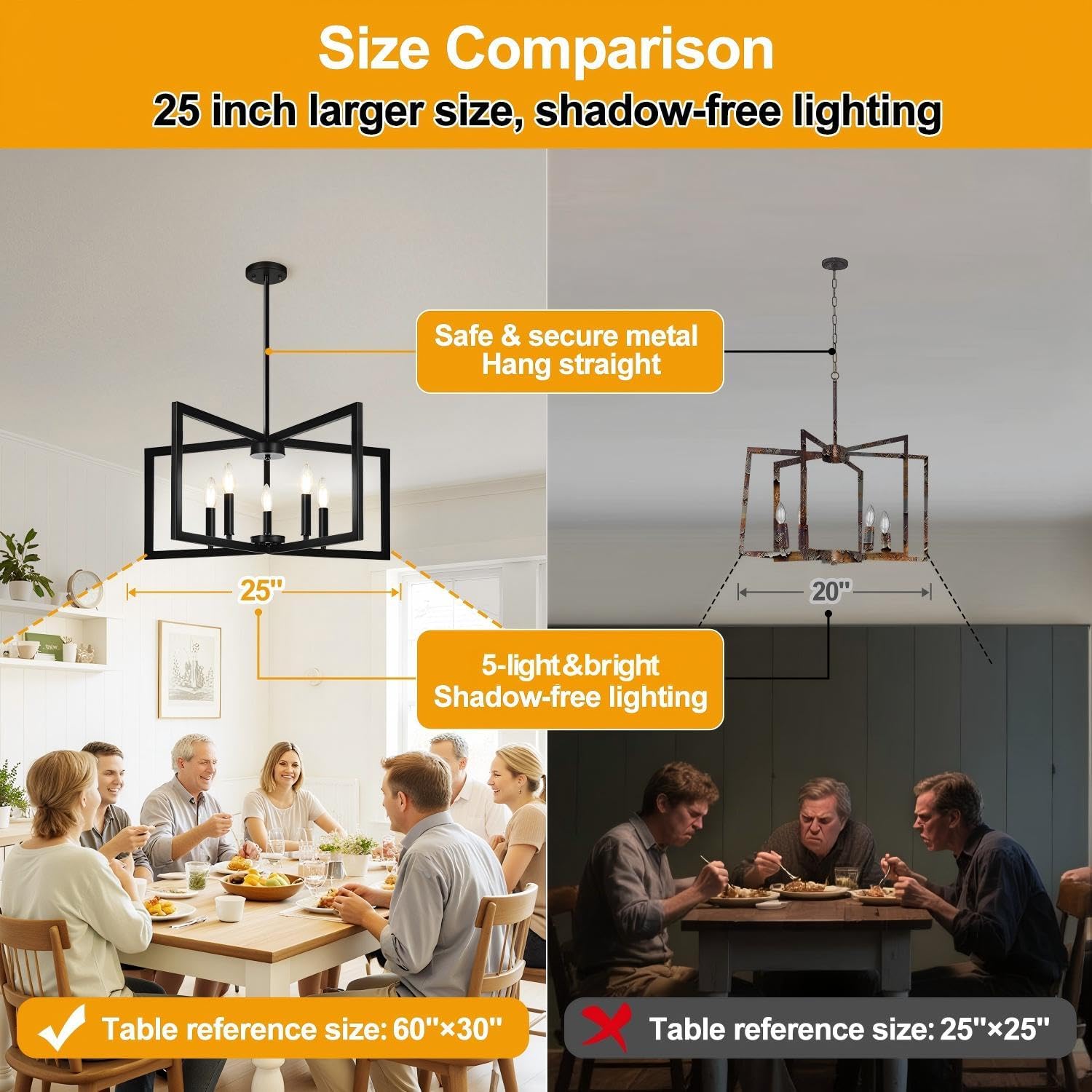 25" Modern Matte Black Chandelier for Dining Room, No Assembly Required Black Dining Room Light Fixture Over Table, Industrial Metal Hanging Pendant Lights Fixture for Kitchen Island, Entryway, Foyer