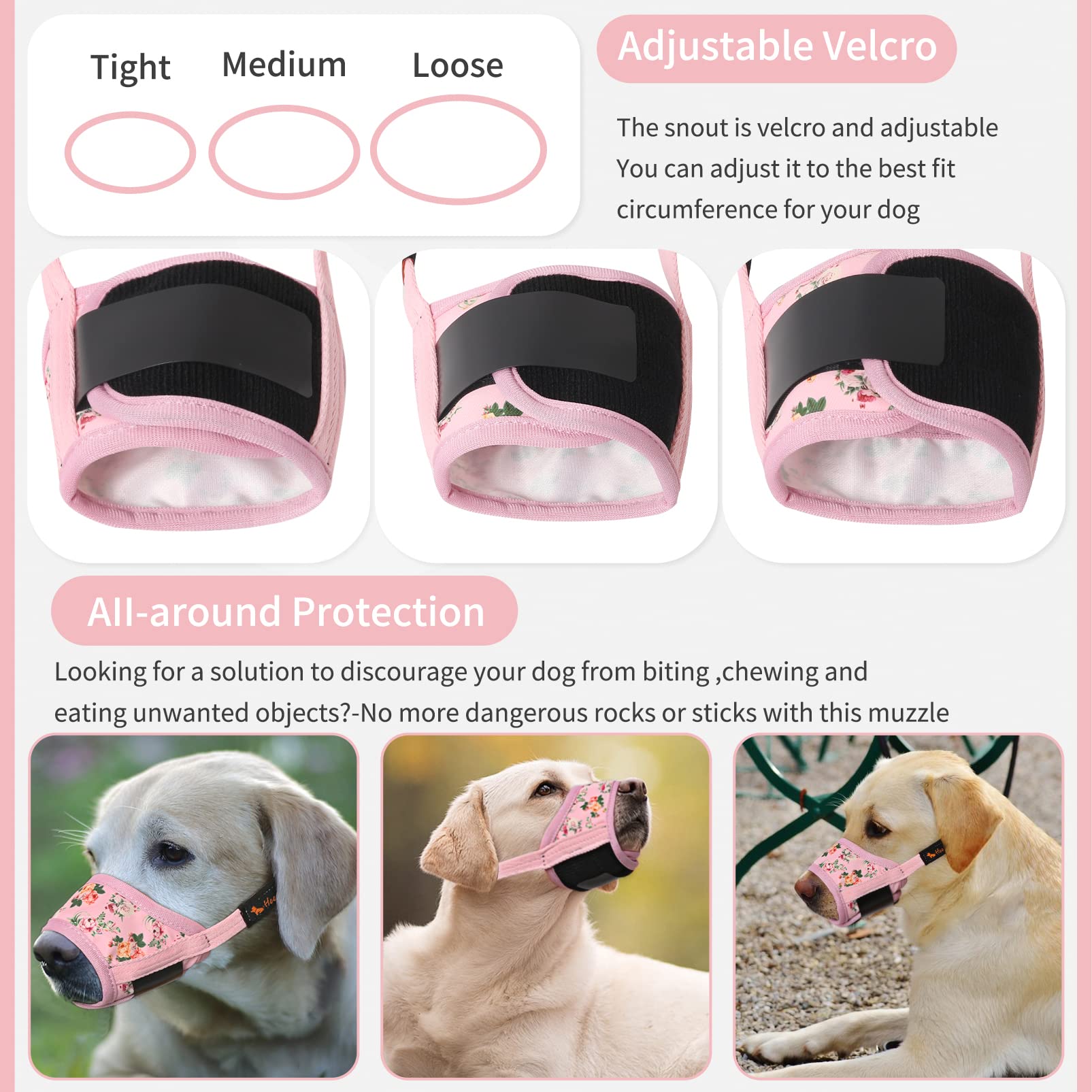 HEELE Museruola per Cane, Museruola Cane Taglia Media e Grande, in Morbido Nylon con Motivo Stampato, Antiabbaio e Antimorso, Regolabile, Fiore Rosa, L