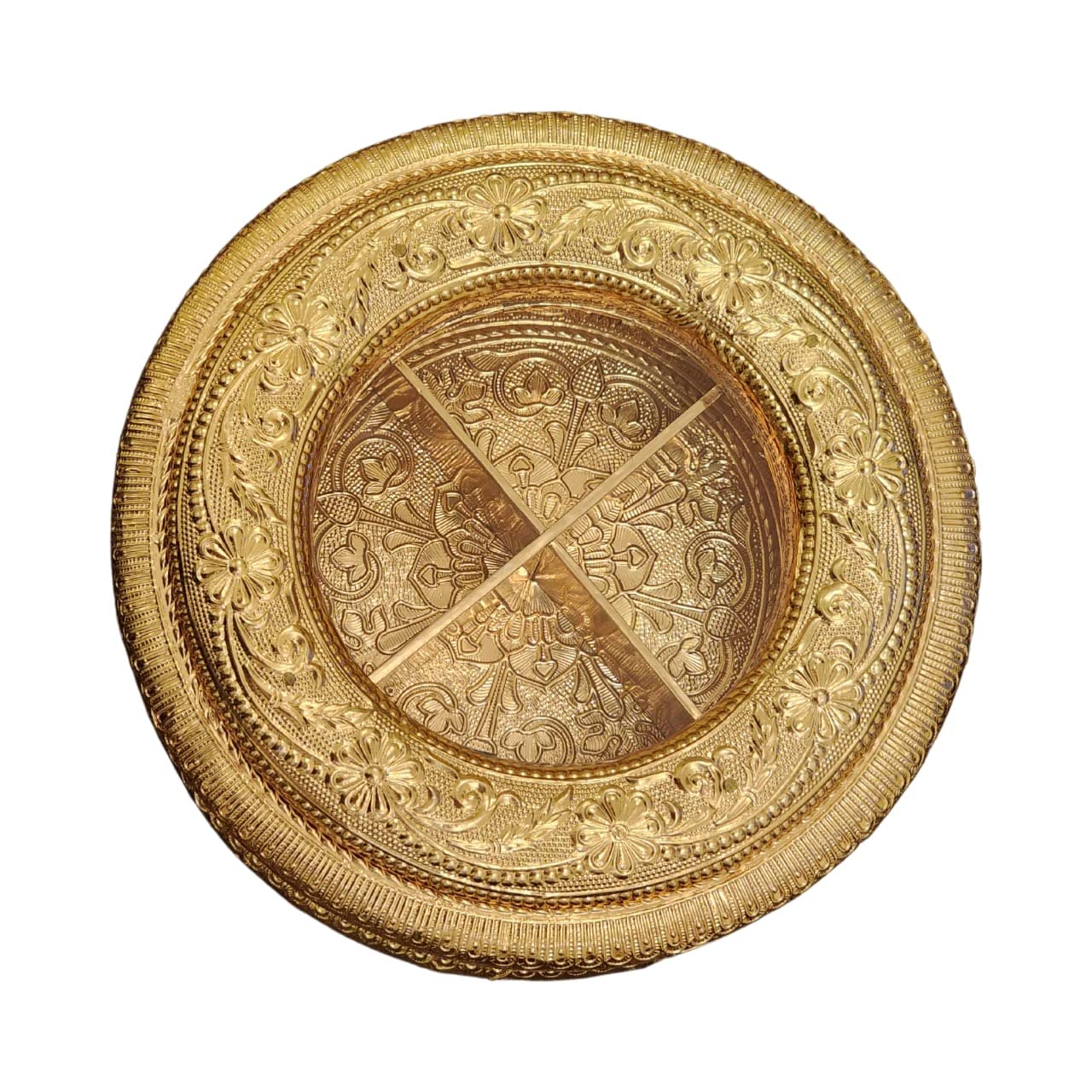 QUESERA® Dry Fruit/Dates/Chocolate/Sweets box/Handmade & Handcrafted Wood Base/Beautiful Hand Carved Gold Box with Lid, Food Storage Box, 4 Compartment Storage Box,Gift Box (20 x 20)