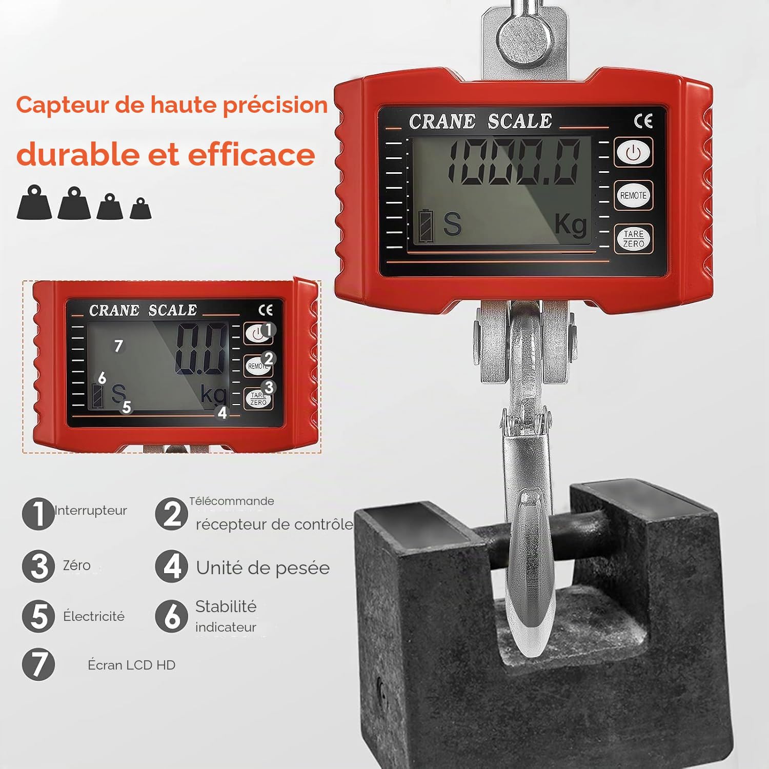 Balances Suspendues Poids Numérique 2200lbs/1000kg Balance De Grue Industrielle Balances Suspendues Robustes Pour Fermes Balance électronique Portable 1T