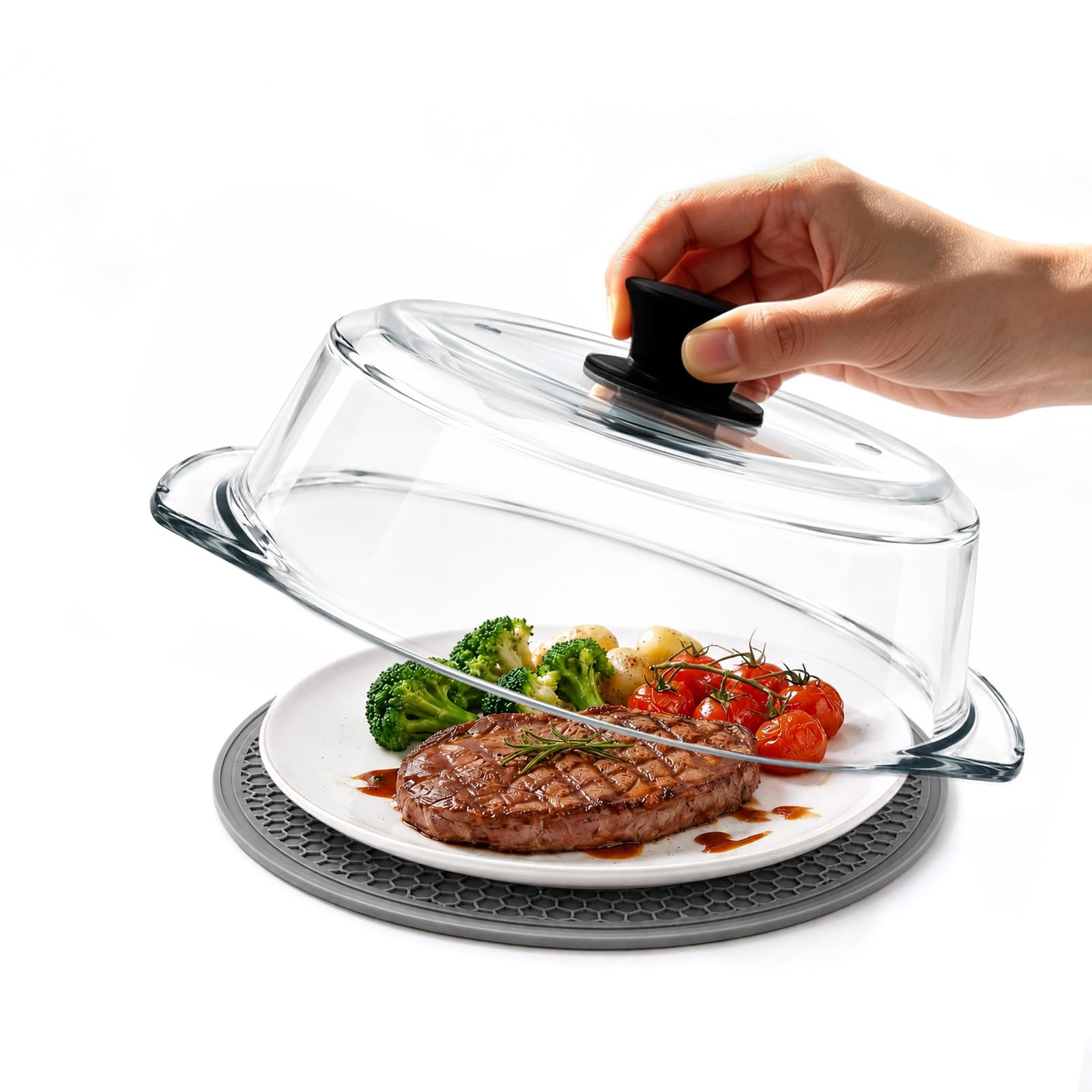 Cubierta de Vidrio para Tapa Microondas para Alimentos: Protector Antisalpicaduras con Asas de Silicona & Alfombrilla de Silicona-Tapa Microondas Cristal con Doble Orificio de Ventilación-Para Platos