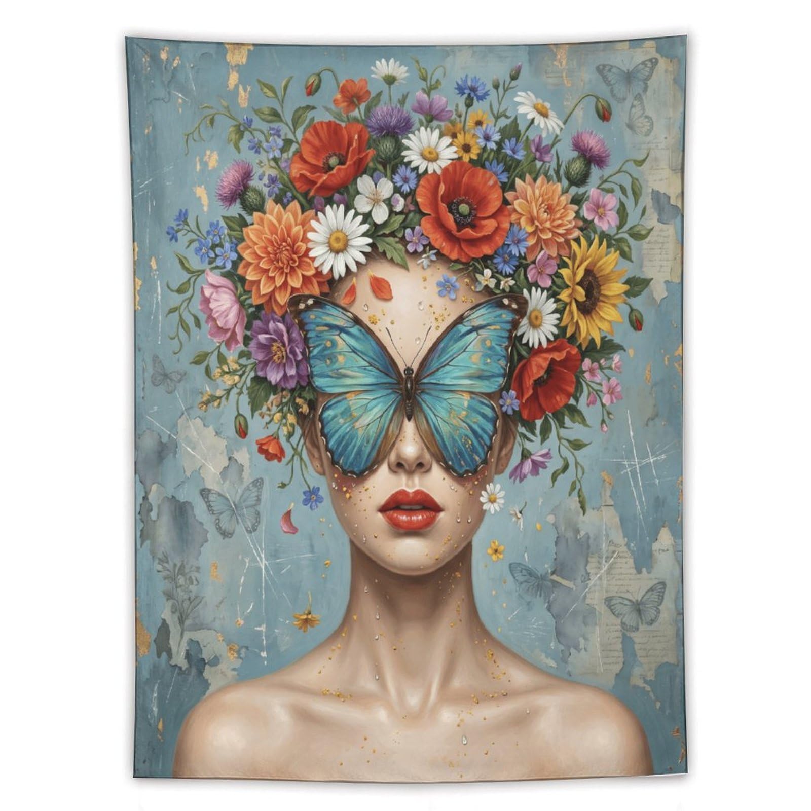 W7C8U2X3 Butterfly Woman Pastel Floral Wall Tapestry, Flower Crown Portrait