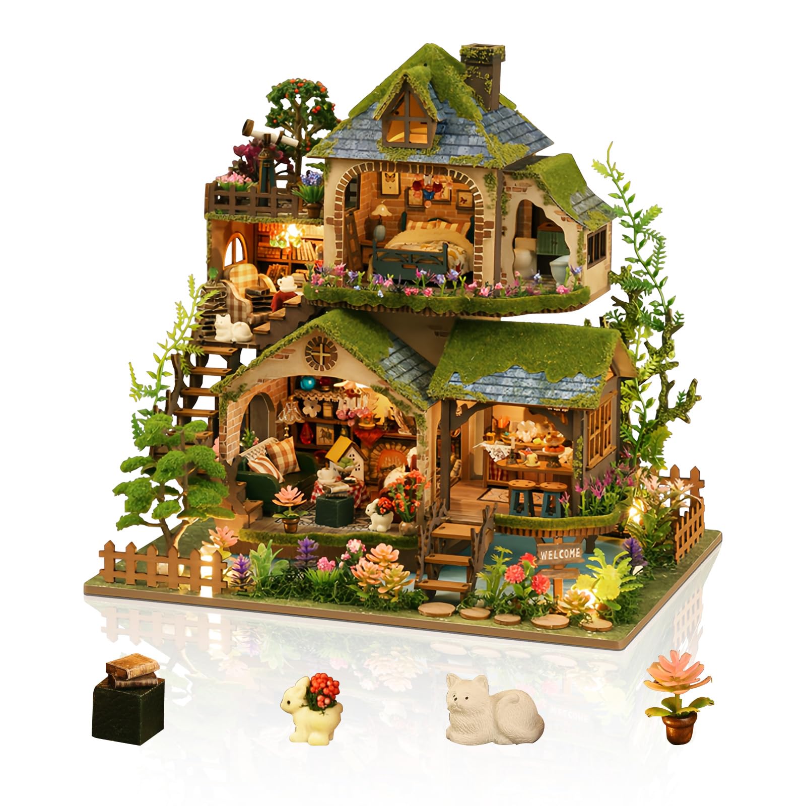 Foyucool Miniature House Kit, Mini House Building Kit with Light, Dollhouse Kits for for Adult to Building, Forest Adventure