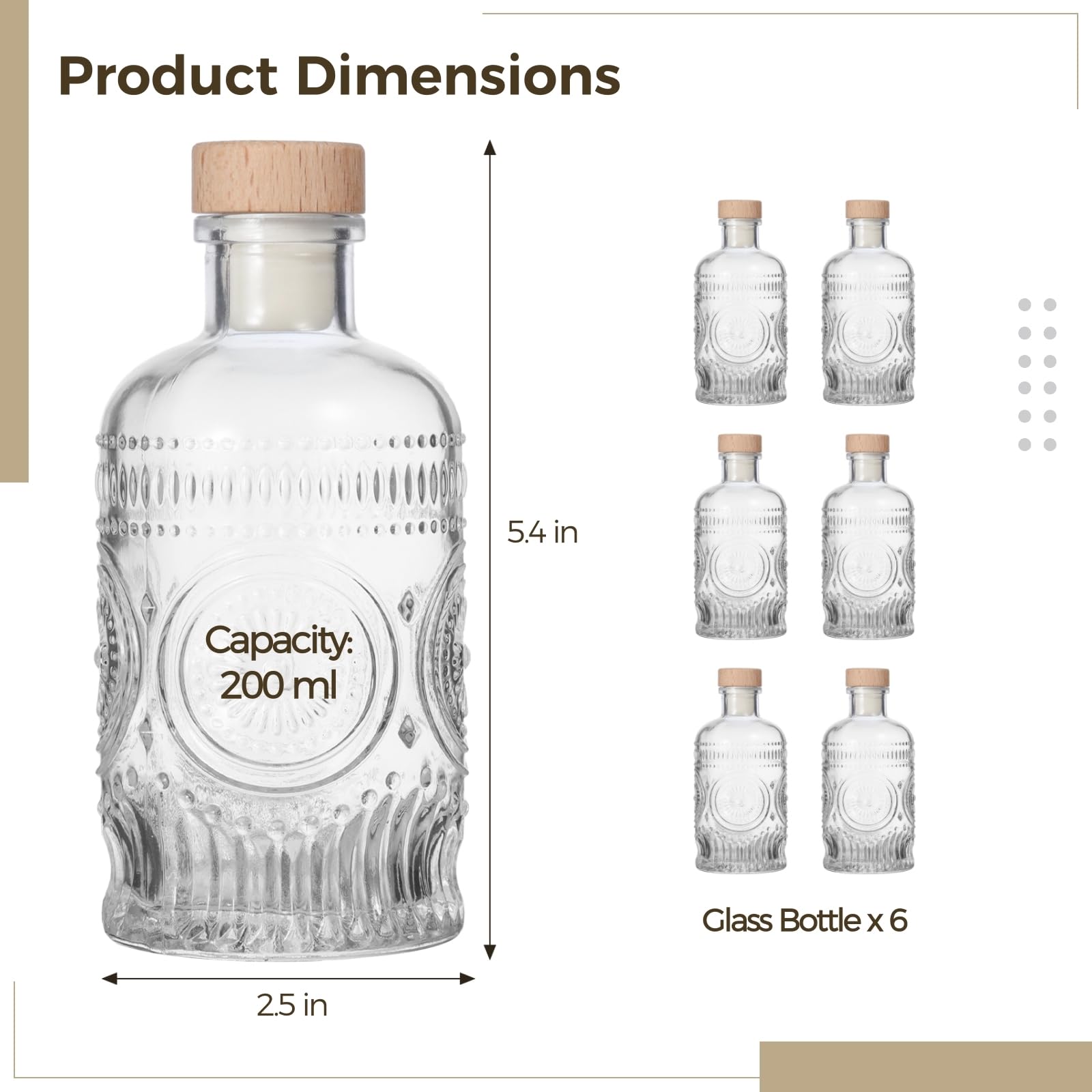 6 bottiglie di vetro con disegni floreali, bottiglie trasparenti da 200 ml con tappo in sughero, contenitori ermetici in vetro T-Top