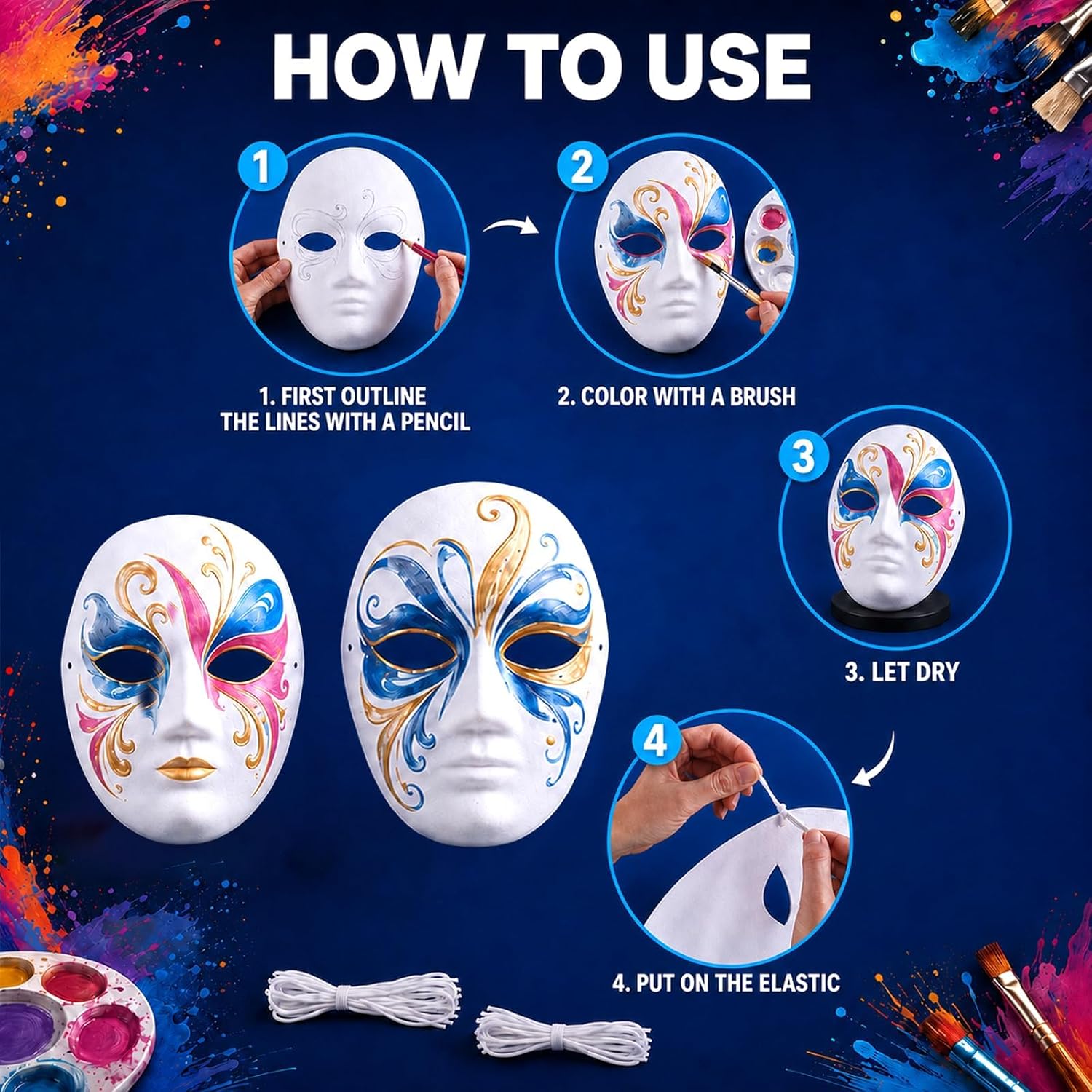 60pcs Paper Mache Mask Blank White DIY Full Face Masks for Halloween