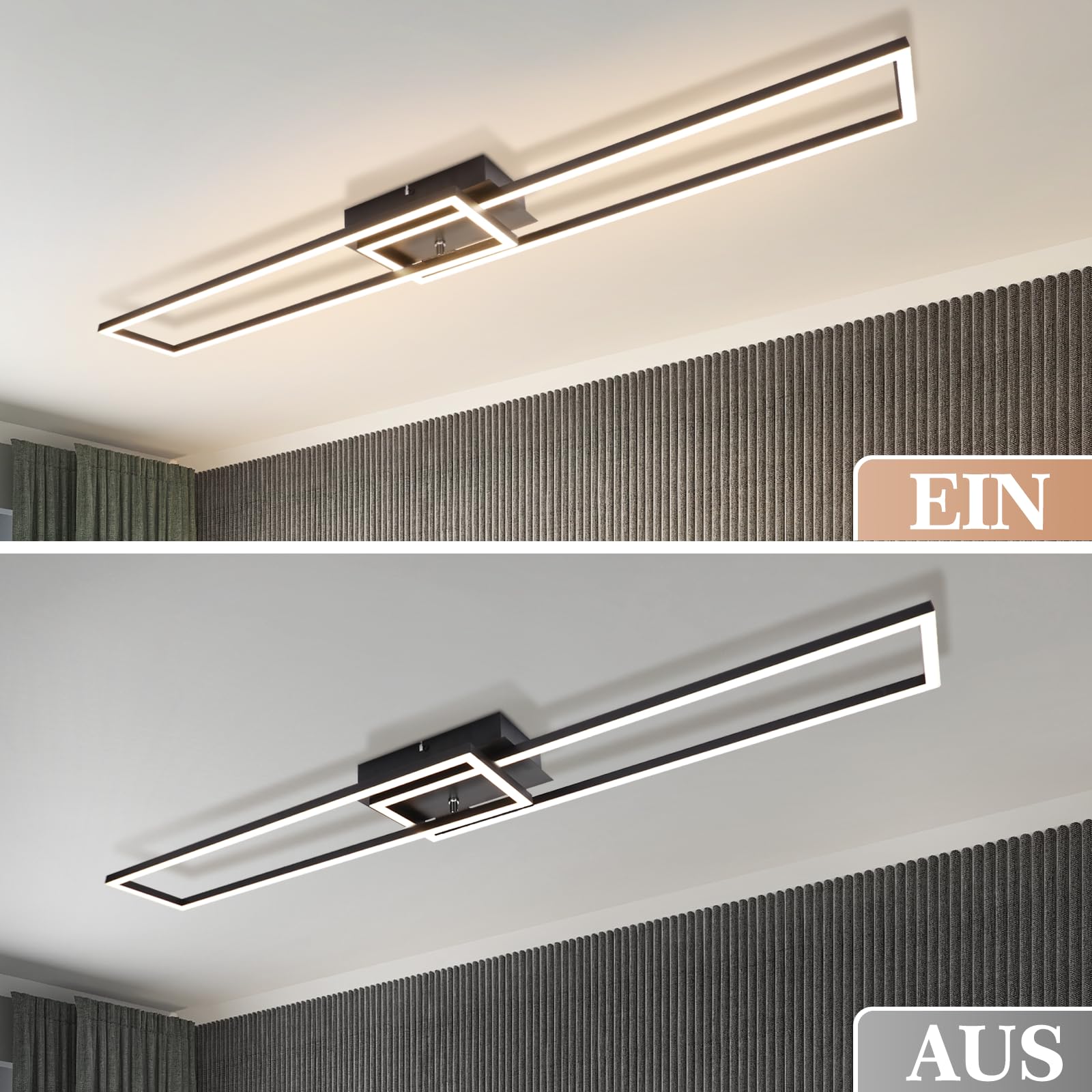 Homefire Deckenlampe Wohnzimmer LED Deckenleuchte: 36W Modern Küchenlampe | Stufenloses Dimmbar 3000K - 6500K Schwarz Wohnzimmerlampe mit Fernbedienung Deckenbeleuchtung für Küche Schlafzimmer