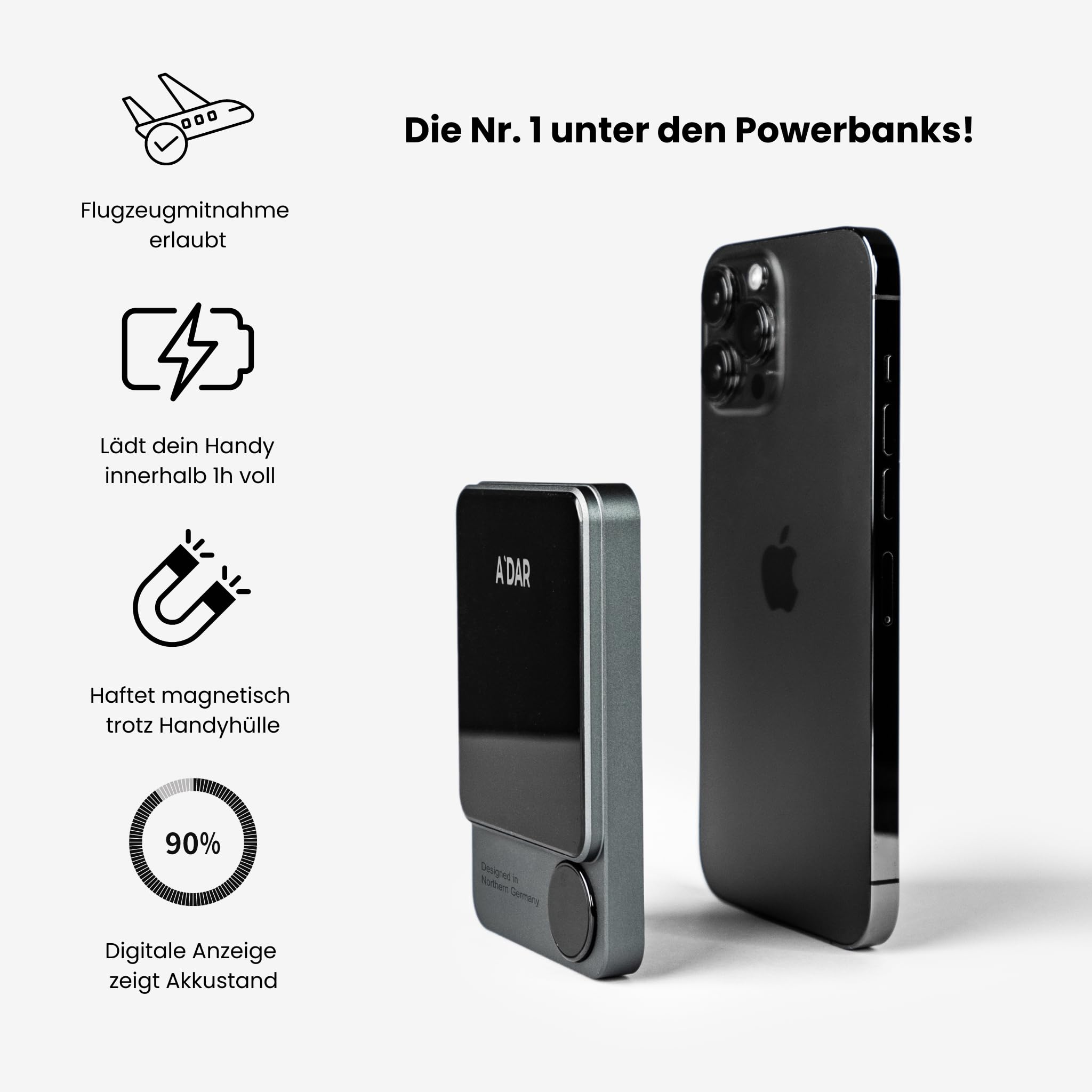 AdarCharge Pro Wireless Power Bank 5000 mAh Power Bank Magnetico Piccolo con Funzione di Ricarica Rapida USB-C Batteria Esterna Senza Fili Compatibile con iPhone 15 Pro Max/Pro/15/14 Pro Max/13 Pro