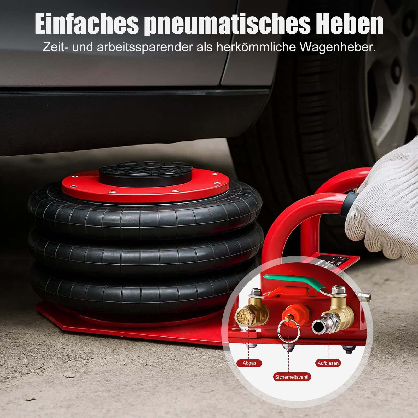 Pneumatischer Wagenheber 3 t – Triple Bag Air Jack mit kurzem Griff, Dreifachbeutel-Luftheber 140–450 mm Hubhöhe, Airbag-Luftwagenheber mit Schnellhub (5 Sek.), Stabil & Arbeitssparend