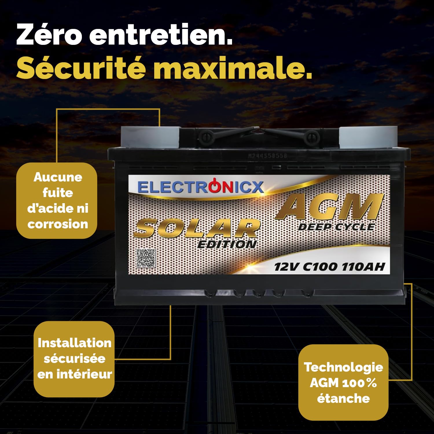 Electronicx Batterie AGM Solaire 12V 110Ah – 110 ah Batterie à Décharge Profonde – Entièrement scellée & sans entretien– Idéale pour Camping-car, Bateau, Yacht, Système Solaire & Autonomie Énergétique