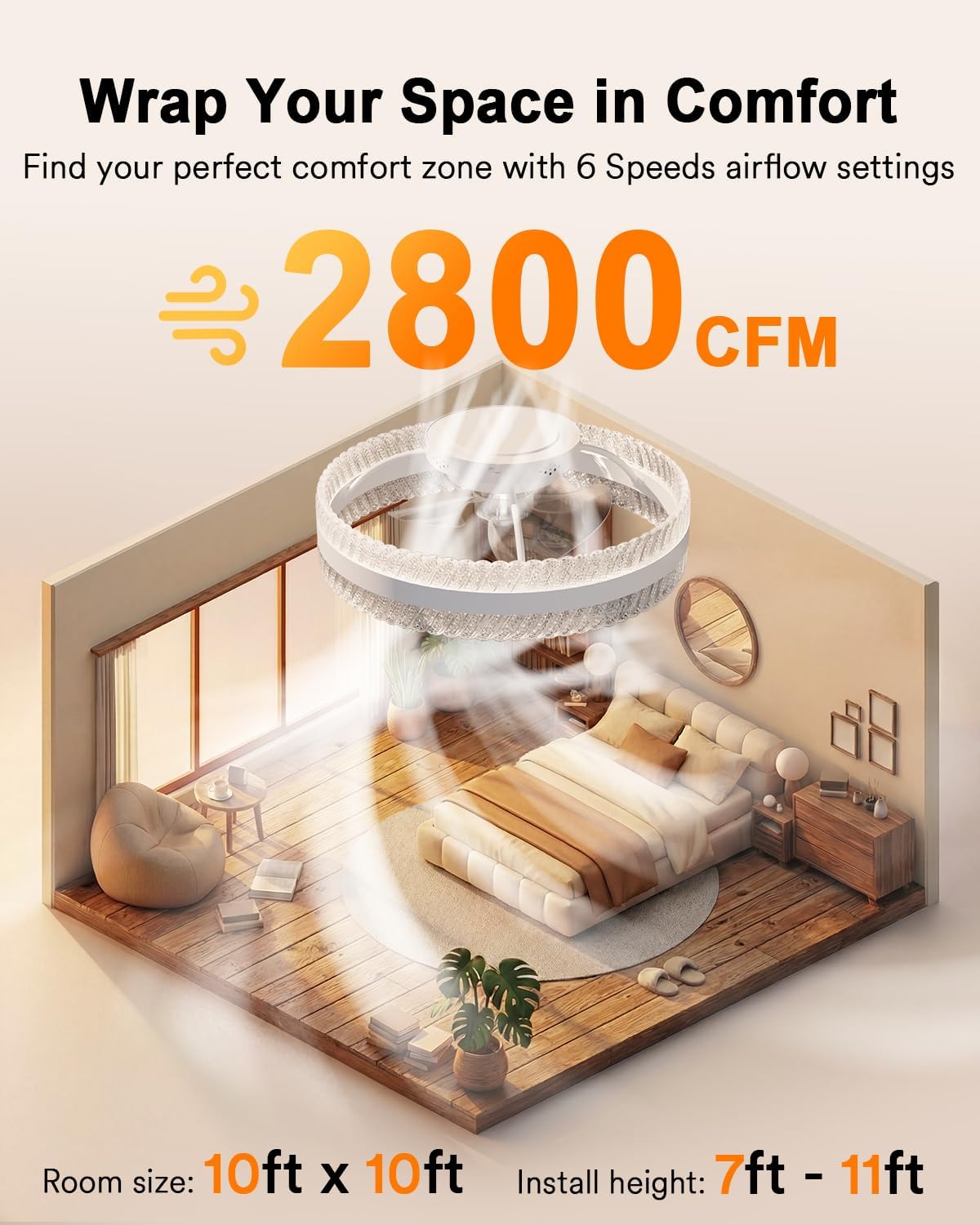 Lumary Smart Ceiling Fans with Lights, RGBAI Rainbow Flow Lighting with Feather Projection, Flush Mount/Downrod for Low Profile or High Ceilings, Modern Bladeless Crystal Fan Light for Bedroom, 20in