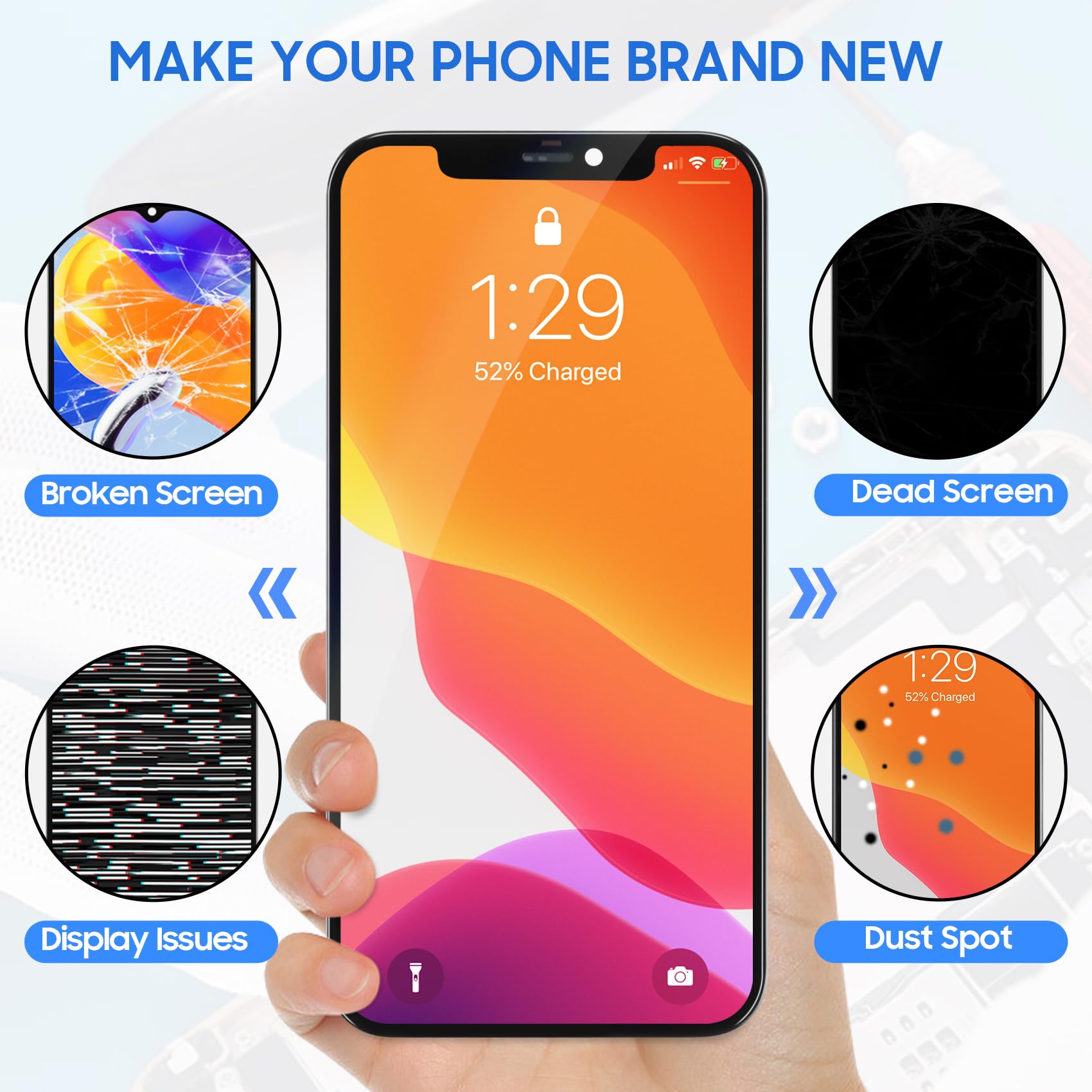 Schermo LCD per iPhone 12 6.1" LCD Display per iPhone 12 PRO A2403 A2172 A2402 A2404 A2407 A2341 A2406 A2408 LCD Touch Screen Digitizer Kit di Sostituzione con Strumento(Versione TFT Highlight)