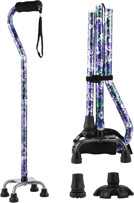 Bastón cuádruple floral para mujeres, bastones ajustables con base intercambiable 3 en 1 (3 puntas) para un apoyo versátil, ayuda de movilidad elegante y estable para la confianza de las personas mayores