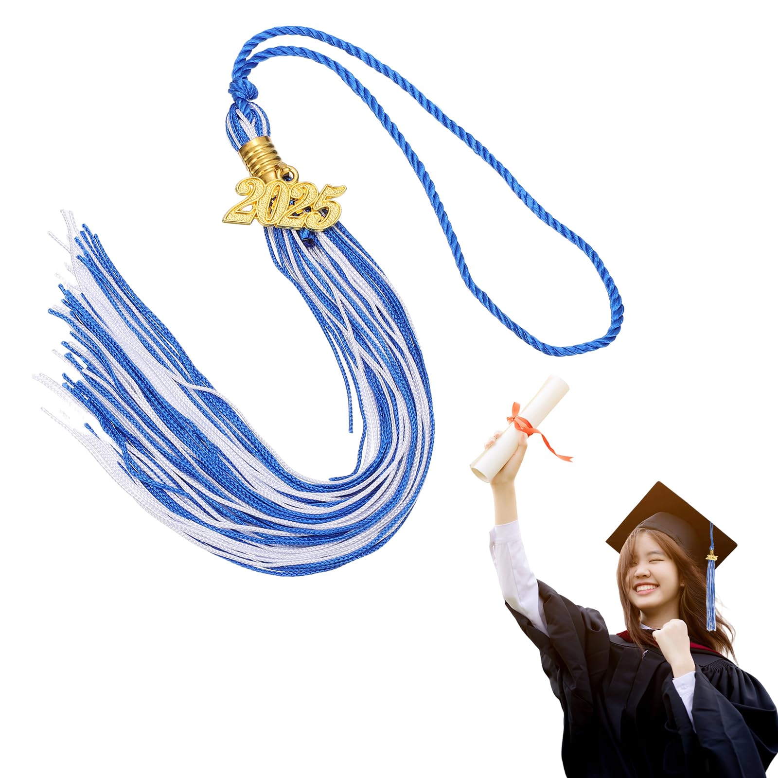 MECCANIXITY Graduation Tassel 2025, Blue White Tassels with 2025 Year Gold Date Charms Academic Graduation Charm Cap Decorations Party Decorations