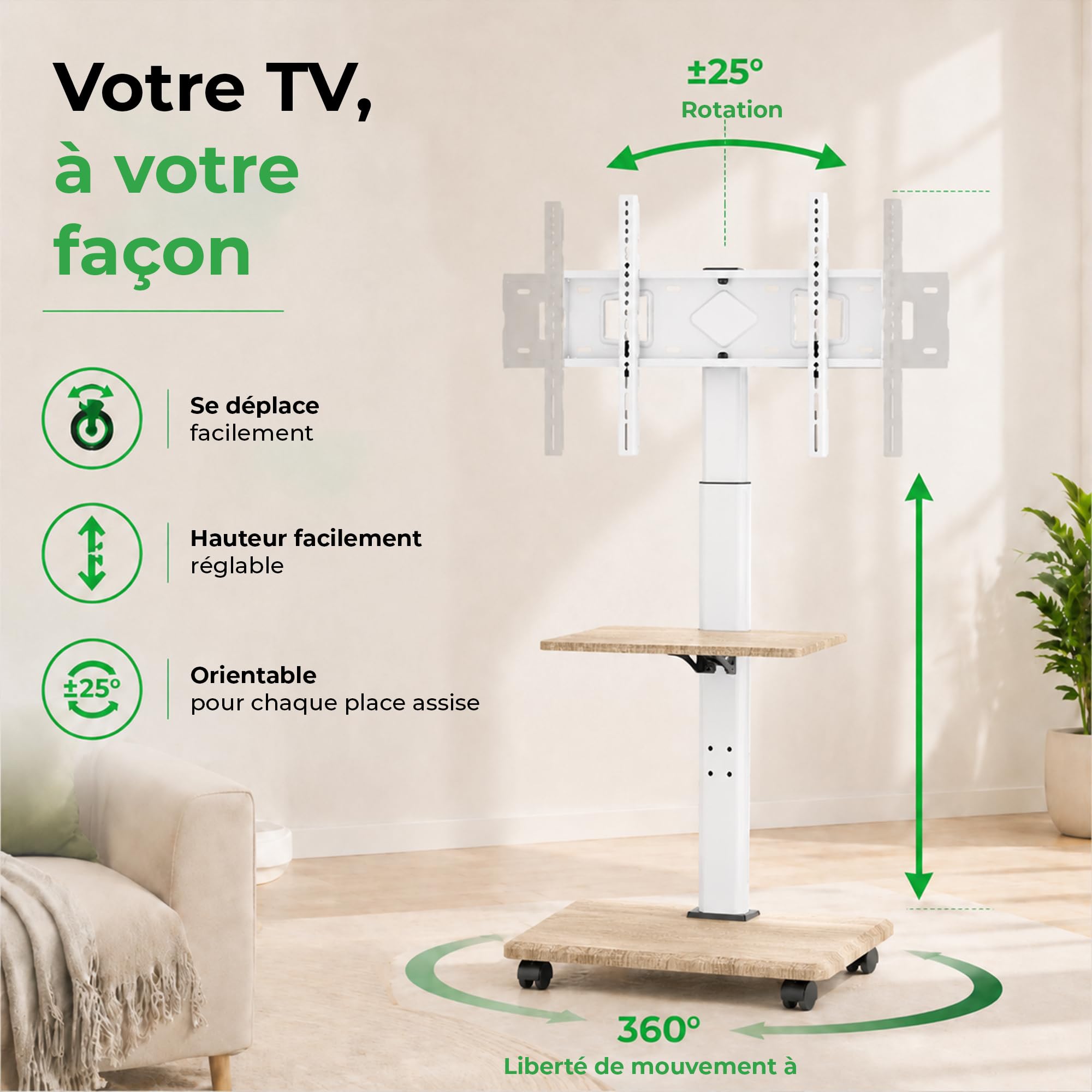 Delphos Support TV Mobile avec Socle en Bois, Meuble TV à roulettes 32-70" jusqu'à 45 kg, Chariot Meuble TV réglable en Hauteur jusqu'à env. 130 cm, Rotatif ±25° Max. VESA 600x400 Blanc