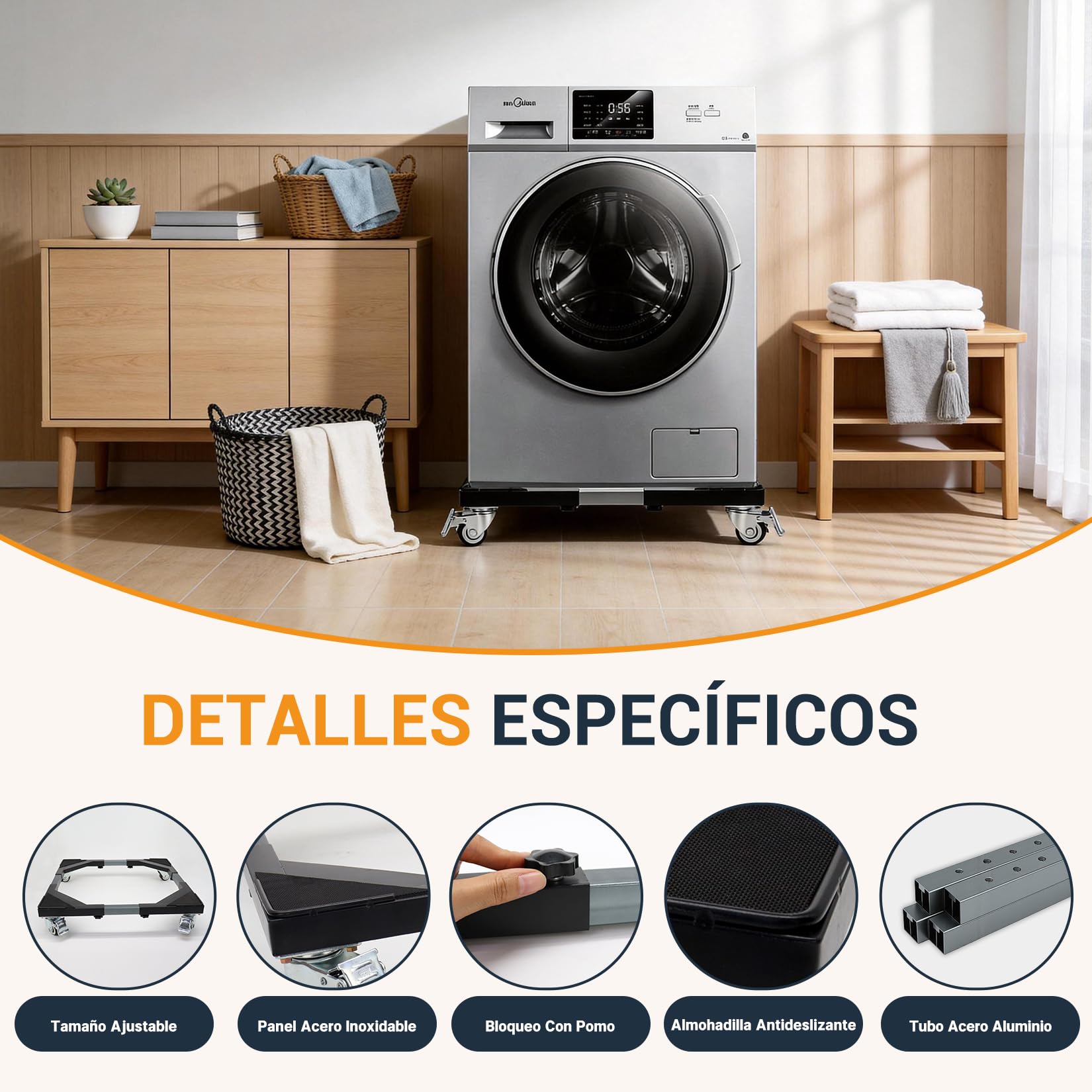 Soporte para Lavadora con 4 Ruedas de Acero Inoxidable, Negro
