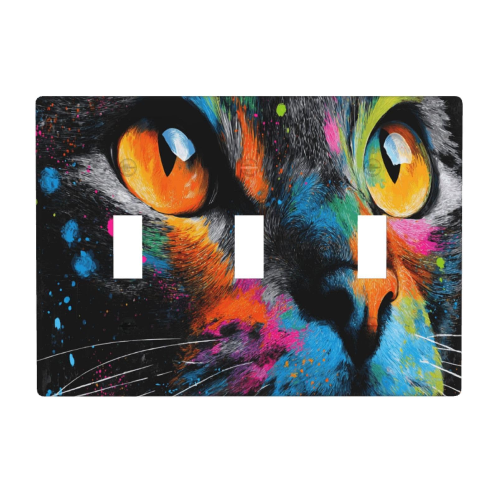 Abstract Cat Portrait Neon Color Light Switch Covers 3 Gang Triple Toggle Wall Plate Switchplate Electrical Faceplate for Bathroom Kitchen Bedroom Decor