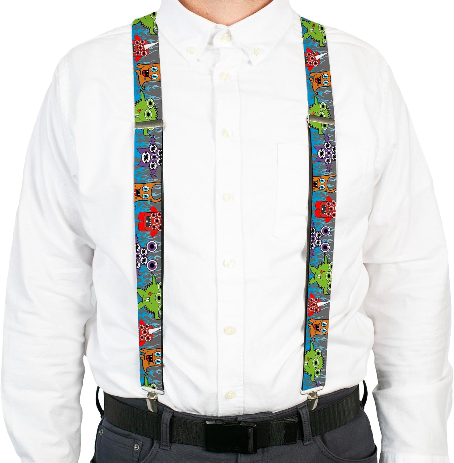 Buckle-Down Suspenders, Cute Monsters Gray Flame Blue