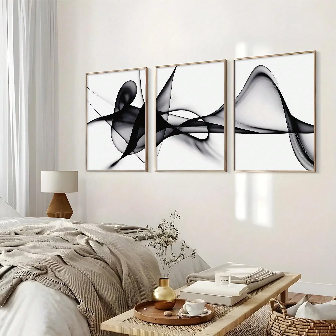UUDEZO Zestaw 3 szt. abstrakcyjnych czarno-białych eleganckich obrazów na płótnie do salonu nowoczesna dekoracja ścienna do salonu (40 x 50 cm (16 x 20 cali) x 3)