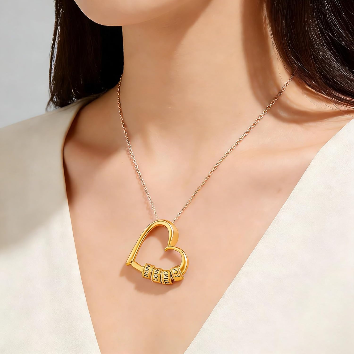 Personalized Heart Necklace with Names for Women – Custom Engraved Name Bead Necklace, Mothers Necklace with Kids Names, Gold Silver Rose Gold, Custom Jewelry Gift for Mom