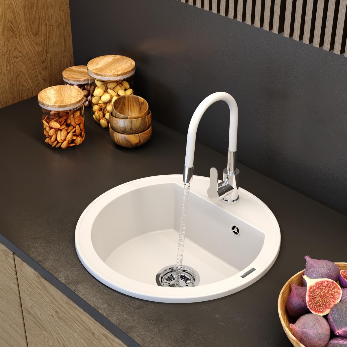 Granitan - Okrągły zlewozmywak granitowy ARNO - zlewozmywak jednokomorowy z syfonem chrom - 6 kolorów - średnica 49 cm - w zestawie GraniProtect - wysokiej jakości towarzysz kuchni
