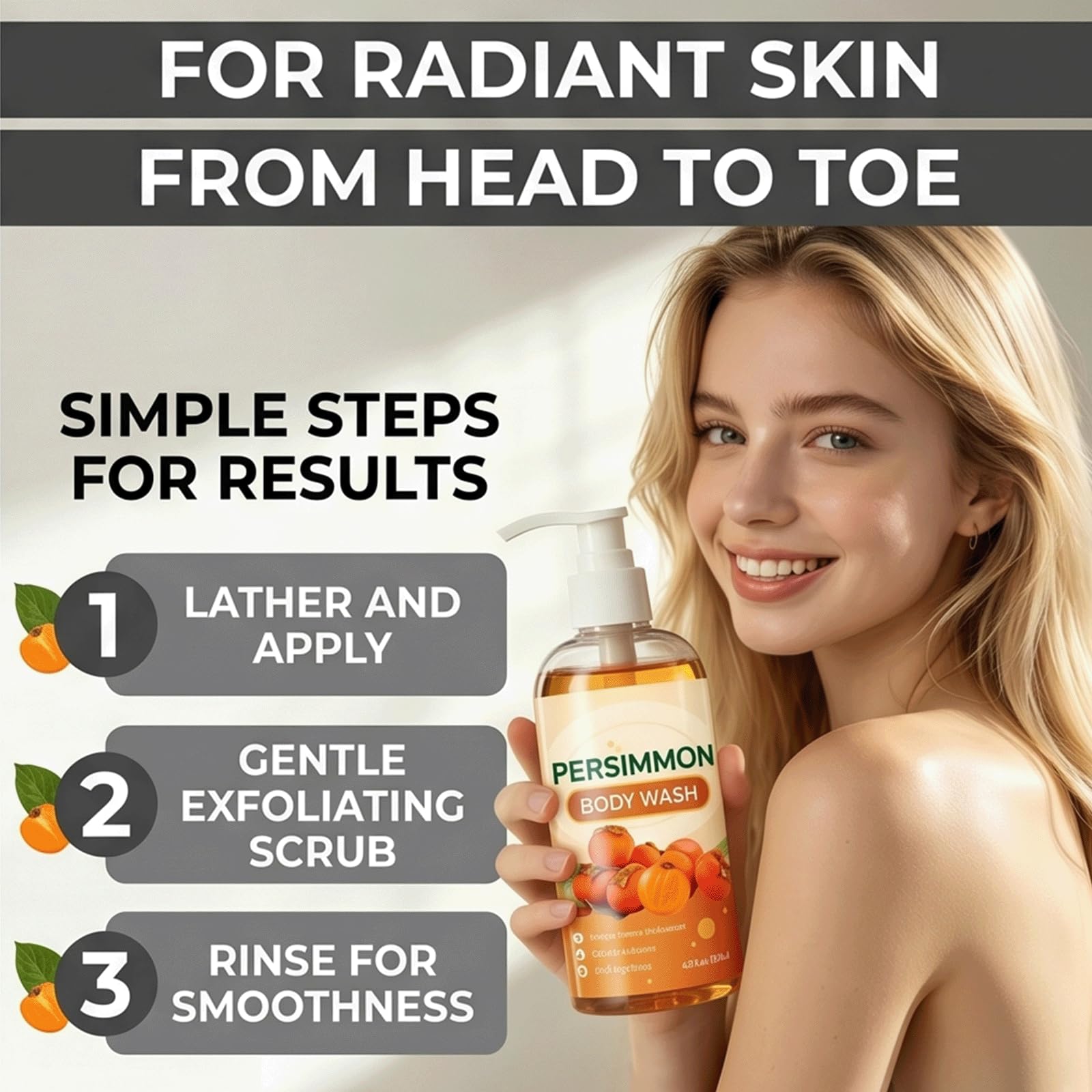 Persimmon Body Wash-Japanese Persimmon Dezodoryzujący Body Wash dla silnego zapachu Körper i zapachu starzenia, naturalny przeciwutleniacz rozjaśniający żel pod prysznic, poprawia szorstką (3szt)