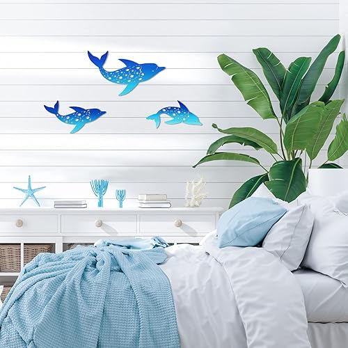 Miniatura 5 de Yaomiao 3 piezas de decoración de pared de delfín de metal para decoración de playa, decoración colgante costera, océano, náutico, tropical, playa,