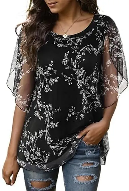 Ladies Chiffon Blouse: Casual Round Collar Half Sleeve Loose Fit Tunic Top