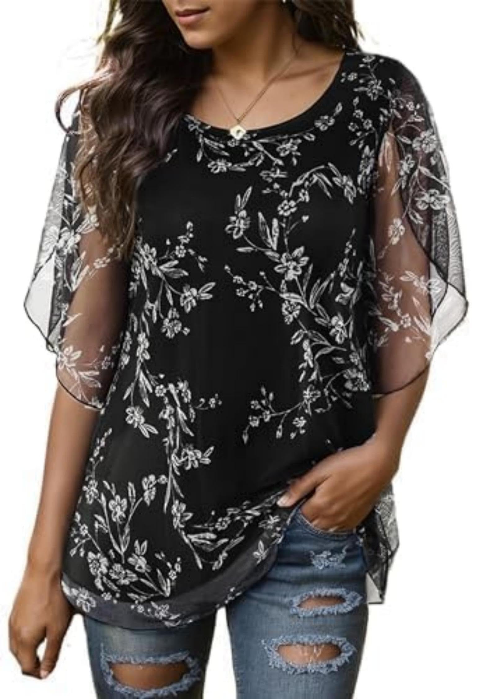 Timuspo Damen Floral Chiffon Bluse Rundkragen Halbärmel Doppellagig Fließend Elegant Schwarz Blumen Tunika