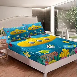 Conjunto de lençóis de cama submarino, desenho amarelo, lençóis de submarino, para crianças, meninos, meninas, decoração do mundo subaquático, conjunto de roupa de cama, bonito, estilo Sealife com 1 fronha, 2 peças, roupa de cama de solteiro