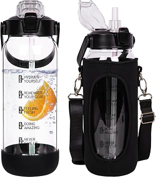 2l Glass Water Bottle with Straw & Motivational Time Markings 2 litre Large Leakproof Gym Drinking Bottle