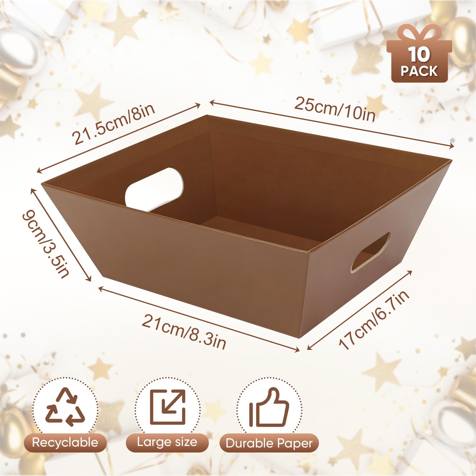 Confezione da 10 cestini vuoti marroni per regali, 25,4 x 20,3 cm, con 10 sacchetti regalo trasparenti e 10 fiocchi, cesti regalo vuoti per Natale