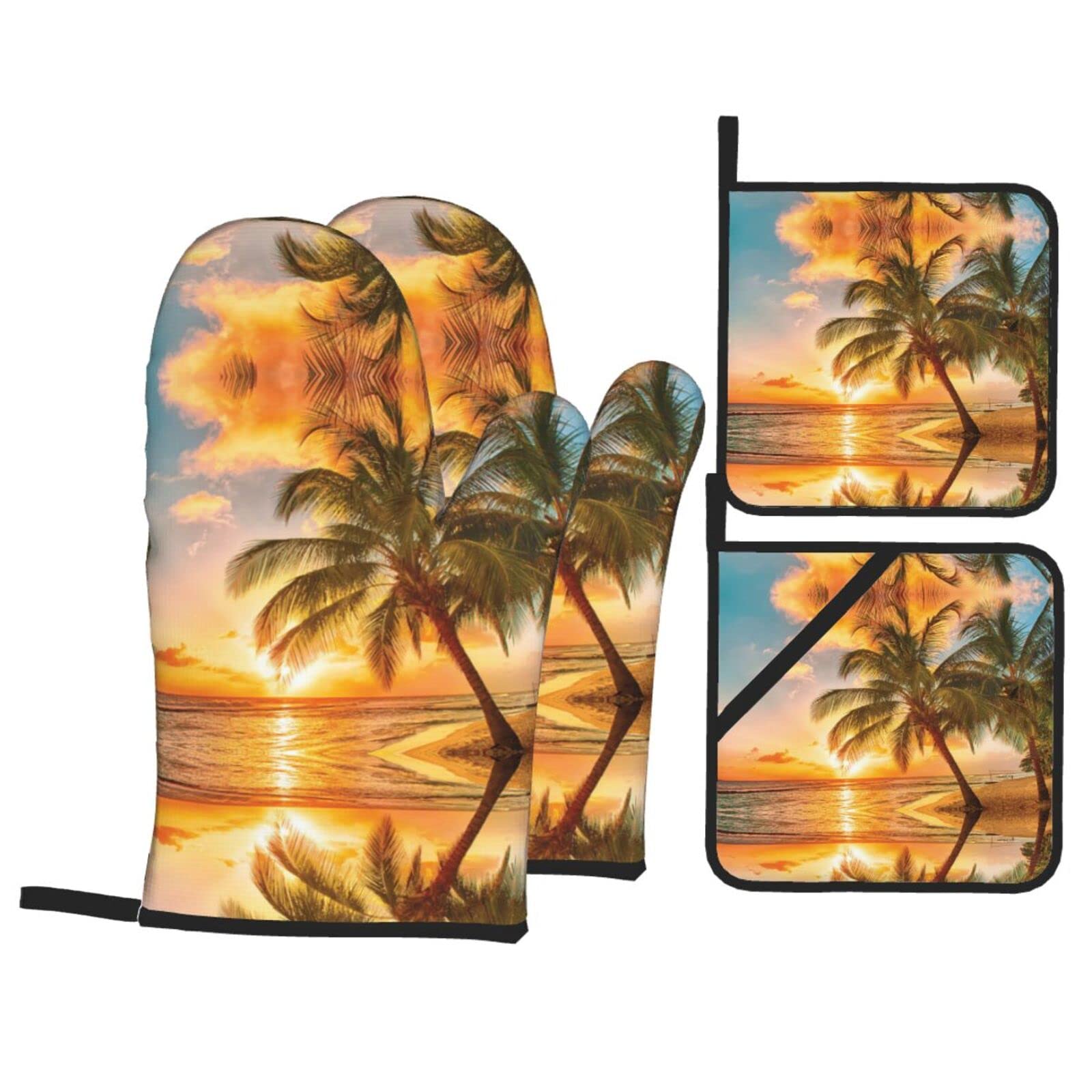 Tropical Beach Palm Tree Sunset Oven Mitt and Pot Holder 4-Piece Set for Kitchen, Outdoor Grill, Baking