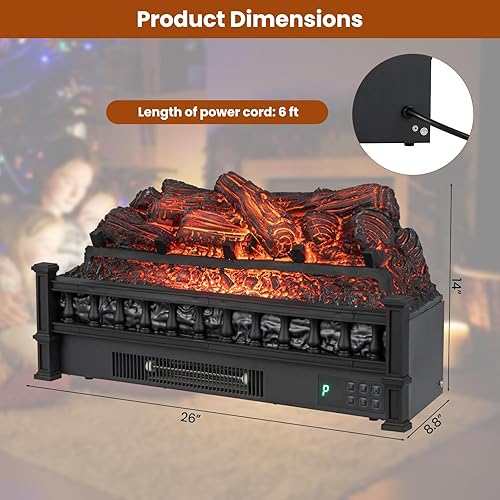 Miniatura 7 de GOFLAME Calentador eléctrico de troncos de chimenea de 26 pulgadas, calentador de troncos con control remoto, 5 modos de llama y brillo,