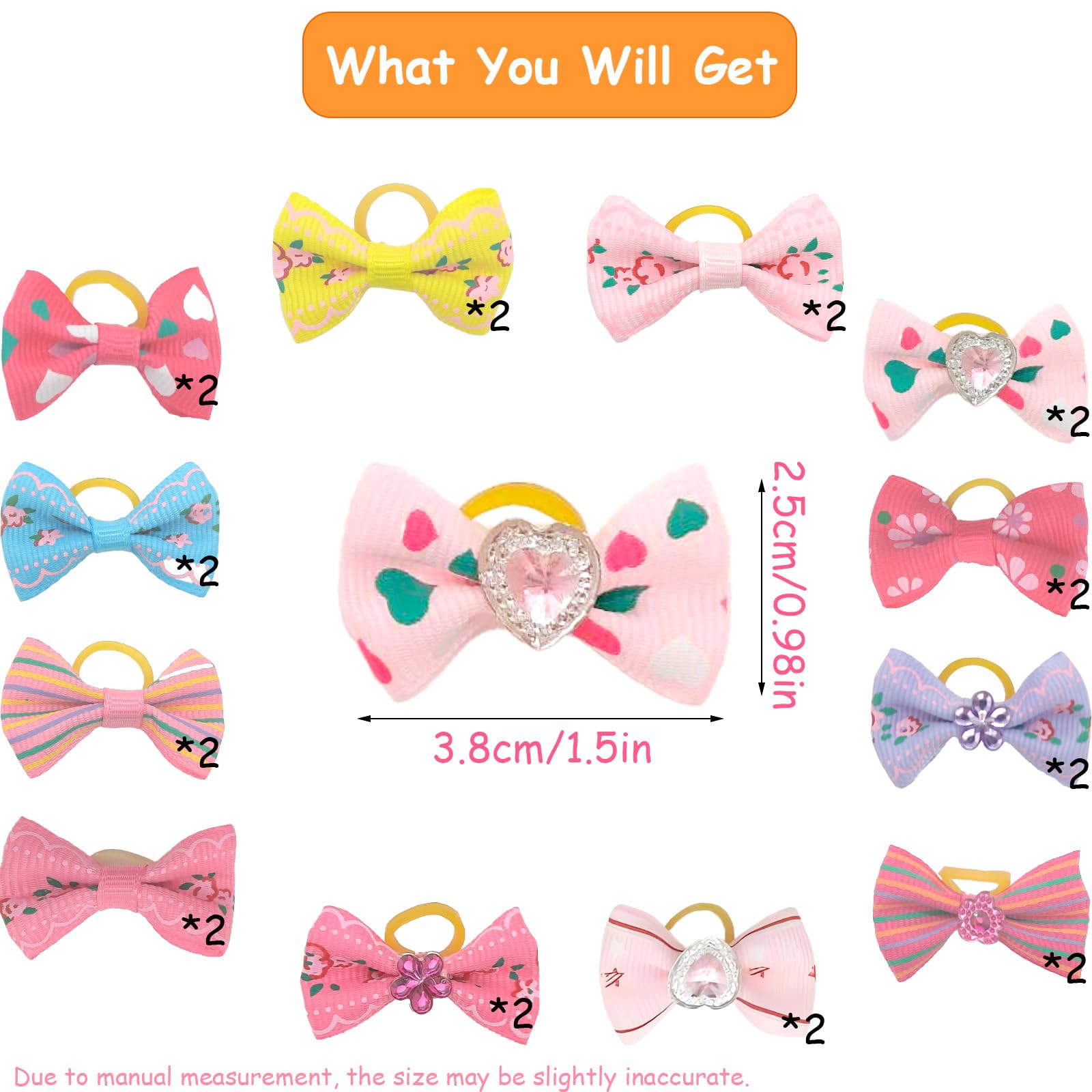 Naturahand 24pcs Dog Hair Bows with Rubber Bands, Cute Puppy Dog Bow Ties Handmade Little Dog Knotted Bows Multicoloured Pets Cats Dogs Grooming Bow Accessories