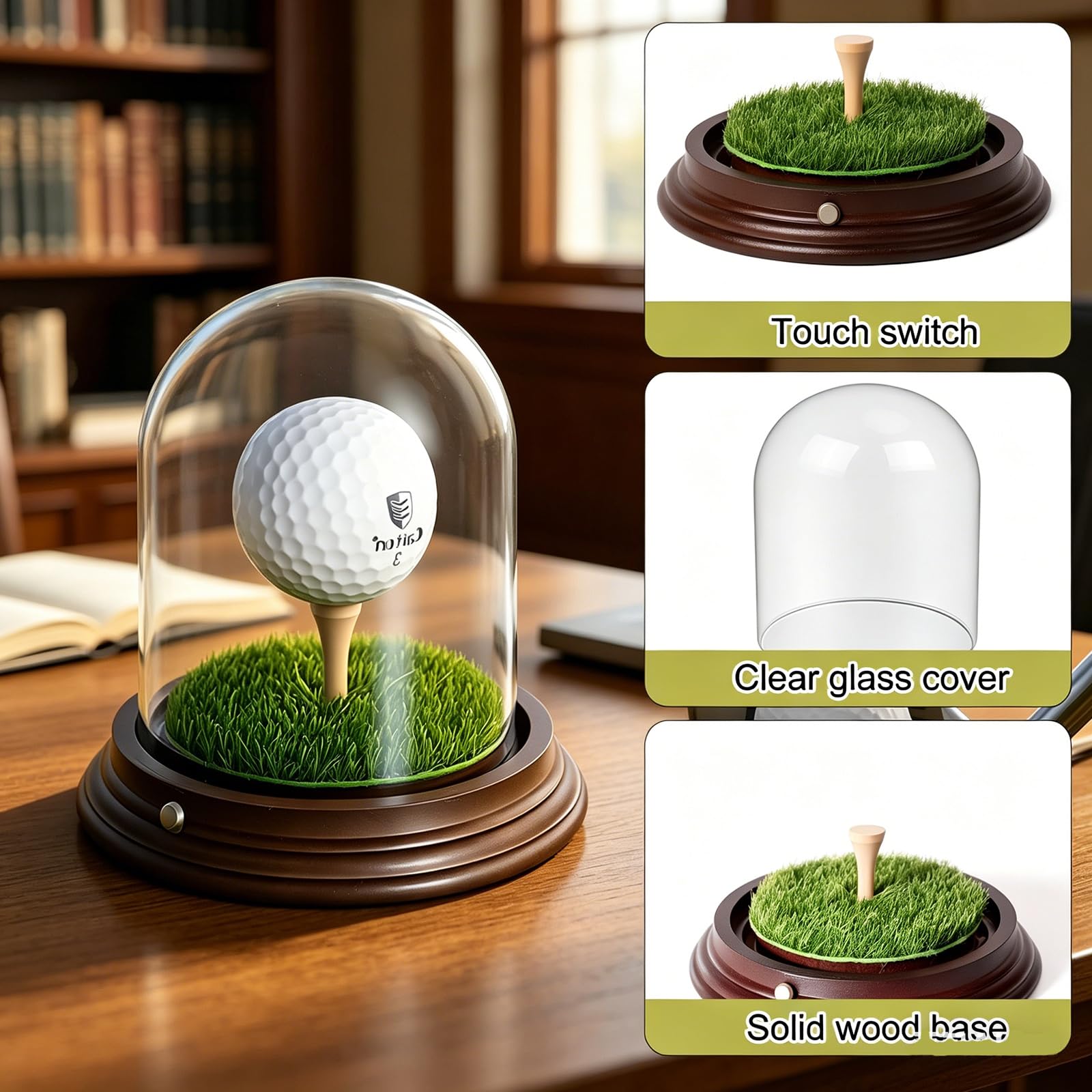Vitrina para pelotas de golf con iluminación LED, soporte de recuerdo de cristal transparente con base de madera, soporte para pelotas de golf para recuerdos y coleccionables (para 1 pelota