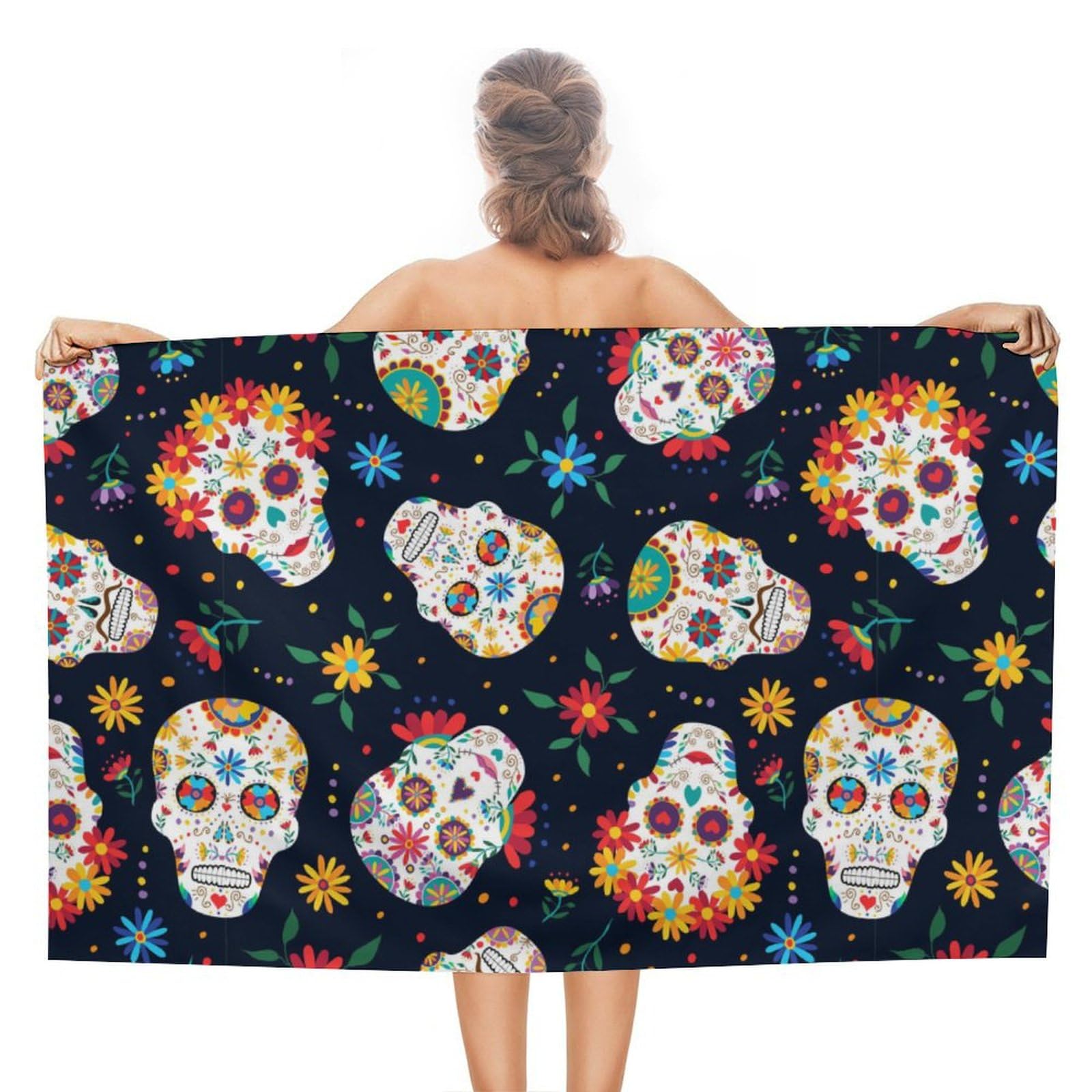 LEDFCVSU Beach Towel, Mexican Sugar Skull Bath Towel, Absorbent Towel for Swimming, Sports, Travel