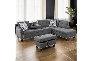 Modern Grey L-Shaped Sofa with Ottoman and Belt Cup Holder