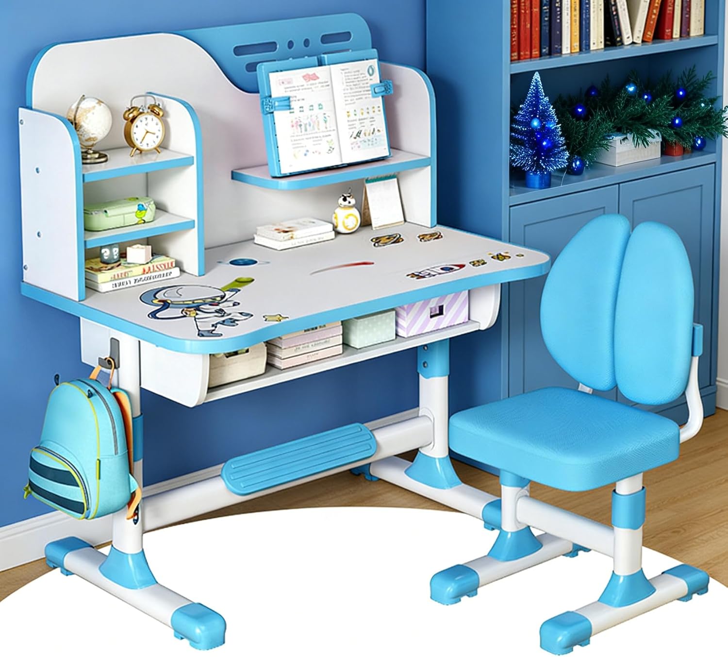 Kids Study Desk Chair Set Height Adjustable School Children Study Table Chair Set Ergonomic Desk Chairs with Large Writing Board, Bookshelf, Drawer, Book Stand Blue