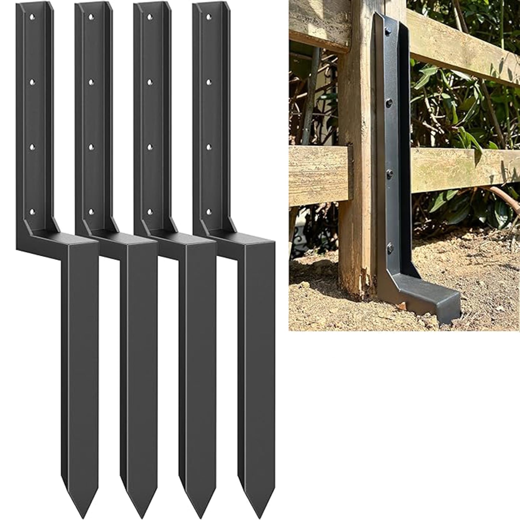 GOUZIBHD Fence Post Repair Kit, H-Shape Heavy Duty Steel Ground Stakes, One-Piece Anchor Stakes for Quick Fix Broken Leaning Fence Posts, Mailbox Post Anchor Bracket(Size:4PCS)