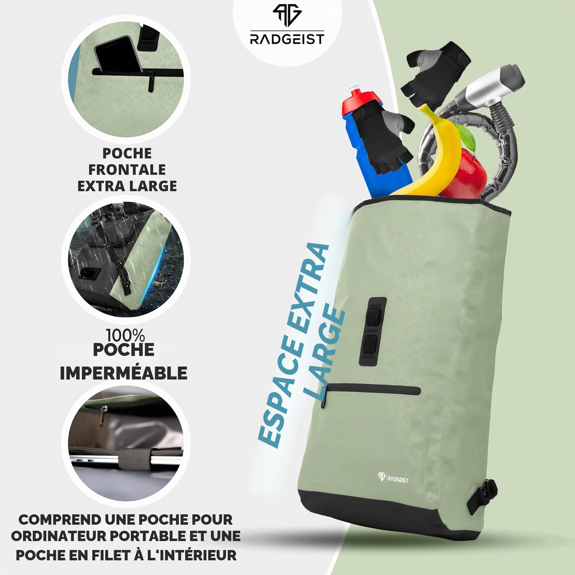 RADGEIST Sacoche de vélo pour porte-bagages I Sacoche pour porte-bagages & Sac à dos - Sac à dos pour vélo - Sac latéral pour vélo 100% étanche I Sacoche de vélo pour femmes & hommes 20L, menthe, 20 l