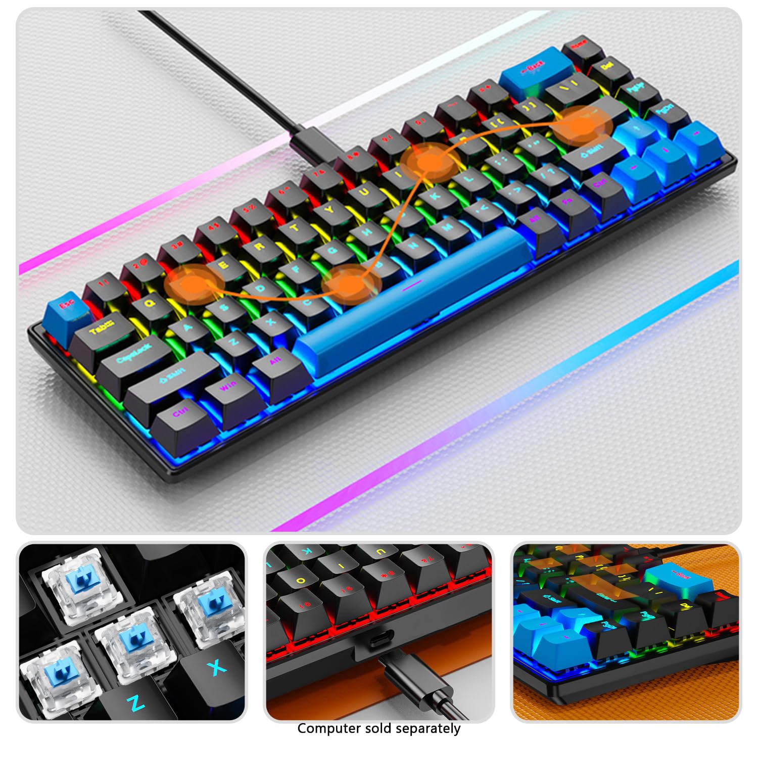 SaharaCase - Kabelgebundene Gaming-Tastatur und -Maus-Kombination, 68 Tasten, Anti-Ghosting-Multi-Taste, RGB-Hintergrundbeleuchtung (Schwarz/Blau)