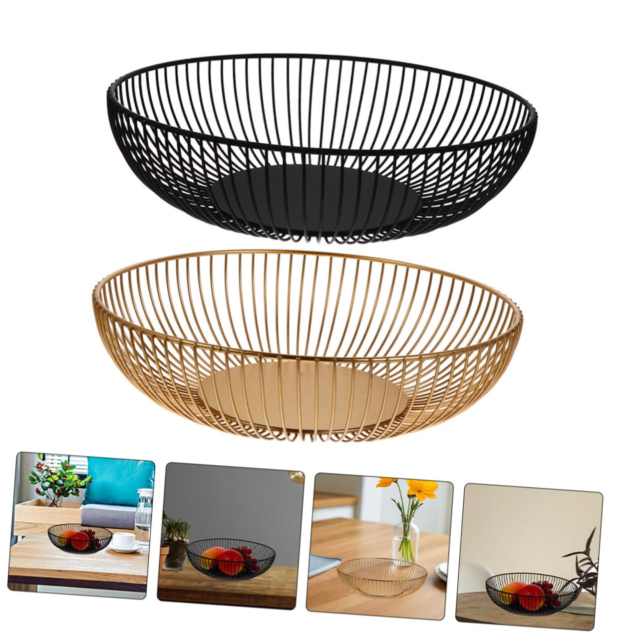 2 Szt. Częściowy Metalowych Koszyków Owoce i Przekąski Okrągłe Metalowe Kosze Druciane Warzywa Chleb i Słodycze Stylowy Organizer Blat Kuchenny Złoto Czarny Design