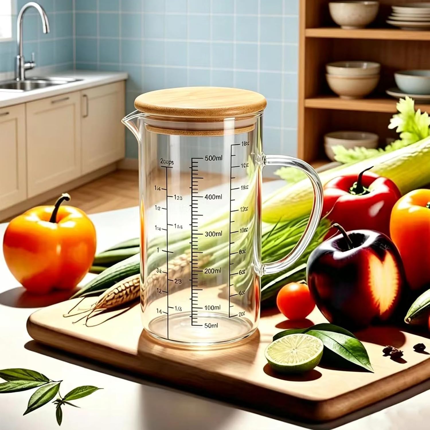 500ML Glass Measuring Cup with Bamboo Lid/OZ/Cup/ML Scales&V-Spout