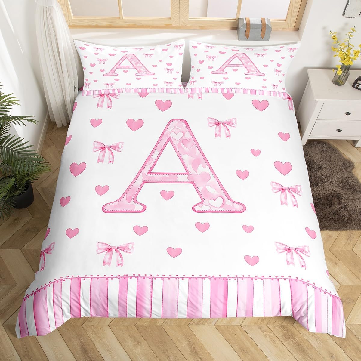 Castle Fairy Pink Bow Duvet Cover Toddler Size,Girly Personalized Initial A Bedding Set 2 Pcs for Boys Girls,Princess Style Bowknot Love Hearts Comforter Cover(No Filler),Kids Quilt Cover
