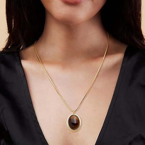 Miniatura 2 de Sonateomber Collar con colgante de piedra dorada para mujer, grueso, ovalado, natural, collares colgantes de piedras preciosas naturales, accesorios