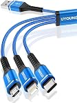 Câble de Charge Multi 2Pack 10FT Câble USB 3 en 1 Long Universel en Nylon Tressé Cordon de Charge Rapide avec Connecteurs Type-C/Lightning/Micro USB pour Téléphone Portable/iPhone/Tablette et Plus