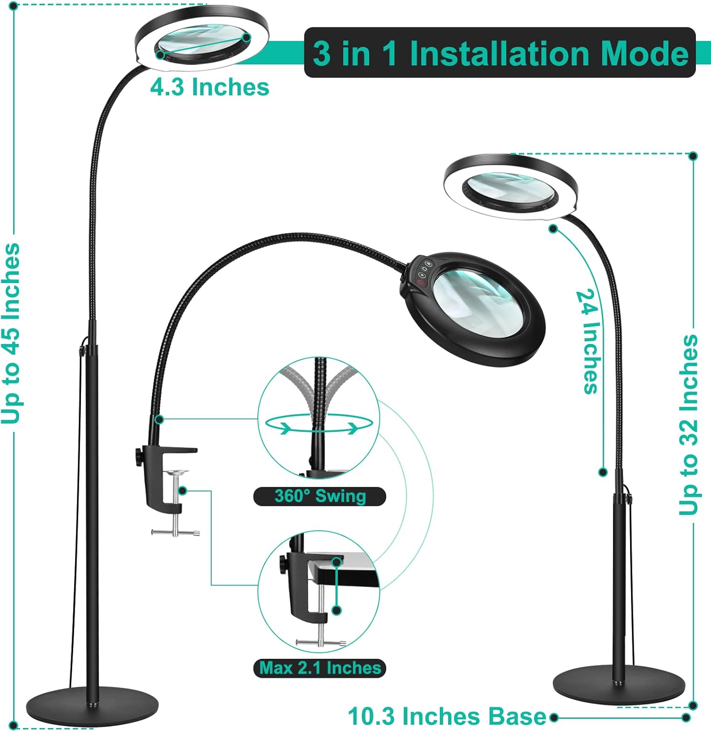 Drdefi 12X Magnifying Floor Lamp with Light, 24" Flexible Gooseneck Standing Magnifying Glass, 3-in-1 LED 5 Color Modes Stepless Dimmable Lighted Magnifier Lamp Hands-Free for Close Work, Reading