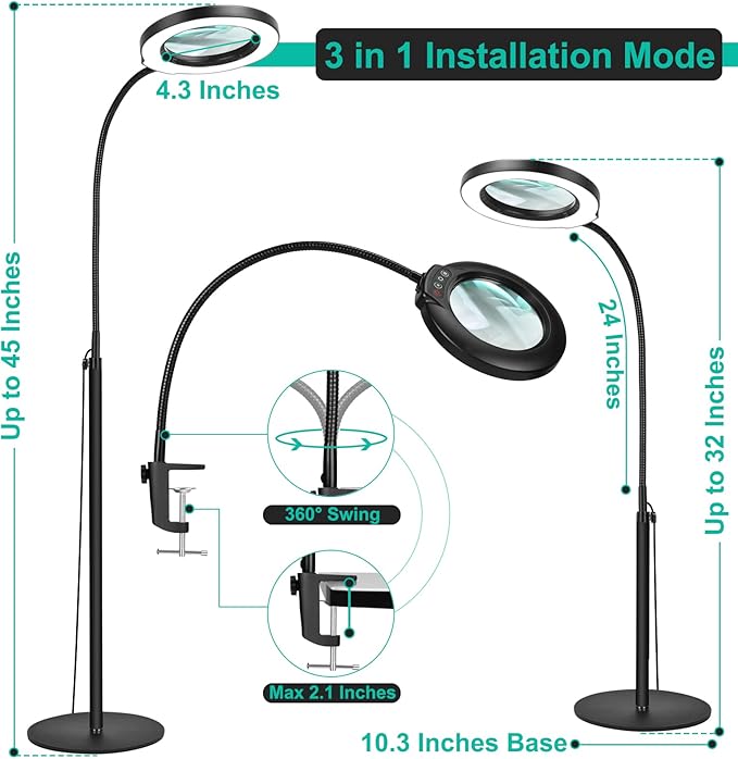 Drdefi Drdefi 10 x vergrotende vloerlamp met licht, 61 cm flexibele zwanenhals, staande loep, 3-in-1 led, 5 kleurmodi, dimbaar, handsfree-lamp voor de photo 3