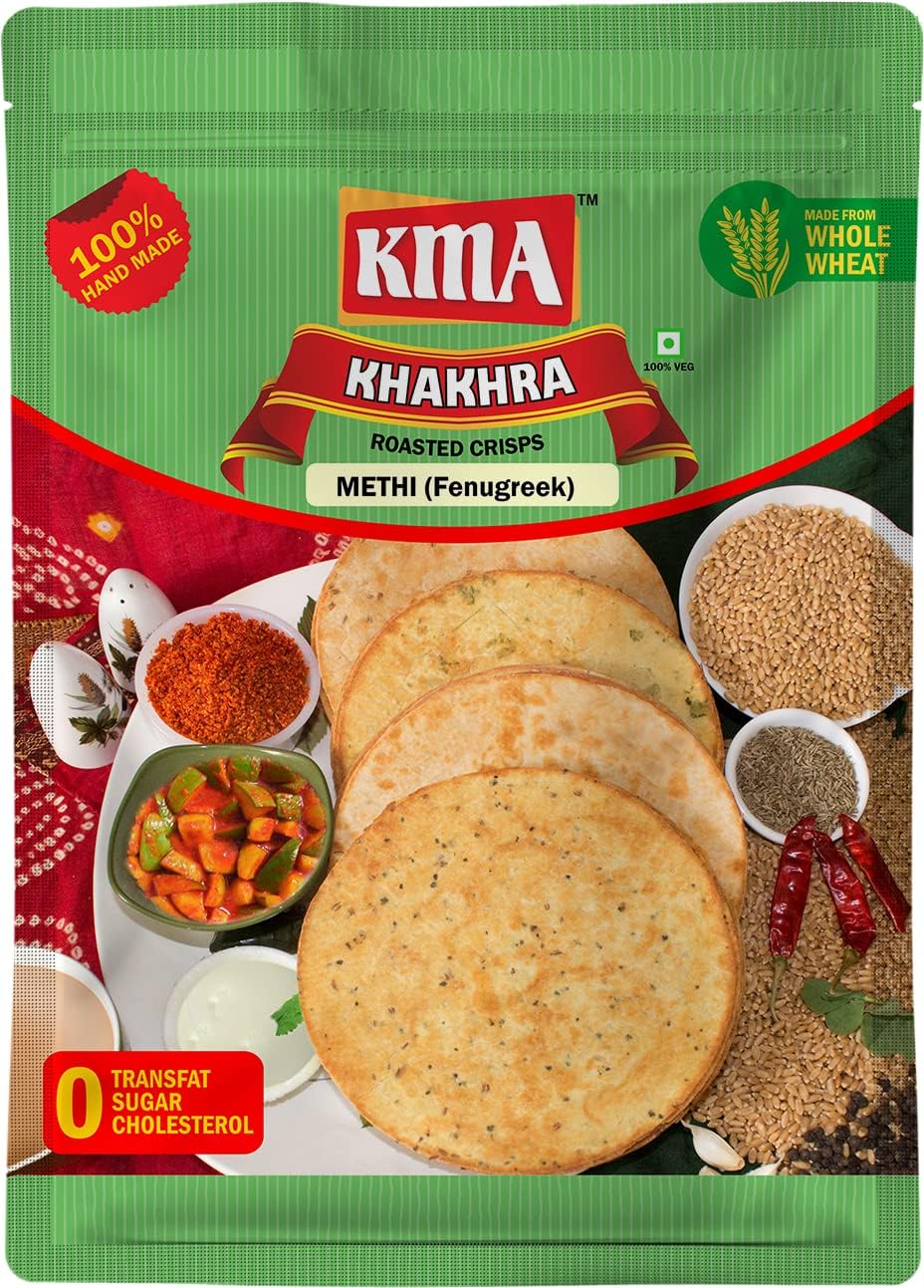 KMA Roasted Methi Khakhra 200 grams - Handmade Fresh Jain Gujarati Khakhra (Rich with Fenugreek), Ready to Eat Indian Snacks, 100% Natural Whole Wheat Snack without Maida, Vacuum Packed for Freshness